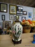 (SHELVES) TABLE LAMP; HANDPAINTED, CRACKLE STYLE VASE TABLE LAMP SITTING ON A STAND. COMES WITH HARP