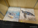(SHELVES) PAIR OF PRINTS ON CANVAS; 2 PIECE SET TO INCLUDE GOLD SPARKLE TURTLE AND A VINTAGE LOOKING