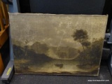 (R1) ANTIQUE OIL ON CANVAS; DEPICTS A SCENE OF 2 MEN ON A SMALL BOAT TRAVELING ON A RIVER THROUGH A