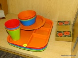 (SHELVES) LOT OF KIDS PLASTIC DISHES; LOT TO INCLUDE 4 DIVIDED TRAYS, 4 CUPS, 4 BOWLS, AND 2 PLATES.
