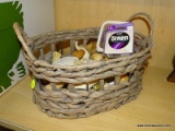 (SHELVES) BASKET AND CONTENTS; WORN GRAY WICKER STRAW BASKET WITH METAL FRAME AND CONTENTS TO