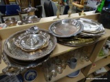 (SHELVES) SHELF LOT OF ASSORTED SILVERPLATE; 14 PIECE LOT TO INCLUDE ASSORTED PLATE AND OVAL AND