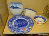 (SHELVES) BLUE AND WHITE CHINA; 10 PIECE LOT TO INCLUDE 4 BLUE WILLOW DEMILUNE PLATES, A THIN OVAL