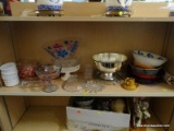 (SHELVES) SHELF LOT; LOT TO INCLUDE LOT TO INCLUDE A BUTTER DISH, CANDLE STICKS, A CANDY DISH,