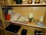 (SHELVES) SHELF LOT; LOT TO INCLUDE ASSORTED LINENS, AN OVAL TRINKET BOX, 2 DIVIDED GLASS DISHES, A