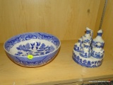 (SHELVES) BLUE WILLOW CHINA; LOT TO INCLUDE A 6 PIECE CONDIMENT SET (SALT, PEPPER, MUSTARD, OIL,
