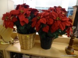 (SHELVES) PAIR OF ARTIFICIAL POINSETTIA PLANTS. ONE COMES IN WICKER BASKET. MEASURES 22