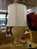 (SHELVES) TABLE LAMP; CREAM COLORED GLASS, SPIRAL, GINGER JAR TABLE LAMP WITH A CREAM DRUM SHADE.
