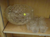 (SHELVES) PUNCH BOWL WITH PUNCH CUPS; 12 PIECE LOT TO INCLUDE A SCALLOPED RIM PUNCH BOWL AND 11
