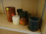 (SHELVES) LOT OF CANDLES AND CANDESTICKS; 6 PIECE LOT TO INCLUDE 4 CANDES AND 2 WOODEN PINEAPPLE