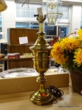 (SHELVES) TABLE LAMP; POLISHED BRASS, TURNED TABLE LAMP. DOES NOT HAVE SHADE. MEASURES 20.5