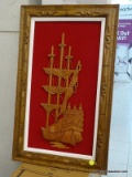 (R1) MOUNTED WOODEN SAIL SHIP; CARVED, DETAILED SAIL SHIP CUT OUT ON A RED VELVET BACKGROUND AND IN