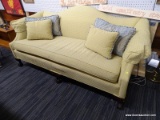 (LWALL) VINTAGE CAMELBACK SOFA; ROLLING ARM CAMELBACK SOFA WITH YELLOW WITH LIGHT BLUE DOT