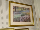 (LWALL) FRAMED PRINT; DEPICTS A BEAUTIFUL NATURAL FLOWER GARDEN RUNNING ALONG A RIVER. DOUBLE MATTED