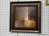 (LWALL) LANIE LORETH ABSTRACT CITY PRINT ON BOARD. SITS IN A BRONZE TONED FRAME. MEASURES 17.25