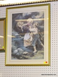 (LWALL) FRAMED PRINT; PRINT DEPICTS AN EARLY 1900 NATURE SCENE OF A WOMAN PLAYING WITH HER 2