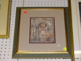(LWALL) FRAMED GREEK ARCHITECTURAL PRINT; DEPICTS AN ABSTRACT SCENE HILIGHTING DIFFERENT GREEK