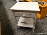 (LWALL) SIDE TABLE; GRAY PAINTED, SINGLE DRAWER SIDE TABLE WITH A LOWER SHELF AND CERAMIC DRAWER