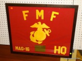 (LWALL) FRAMED USMC MAG-16 HQ FLAG. MADE FOR COLONEL PEATROSS. MEASURES 29.25