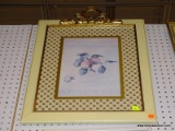 (LWALL) FRAMED FRUIT PRINT; DEPICTS A PAIR OF APPLES WITH A FLOWER IN THE BOTTOM LEFT. MATTED IN A