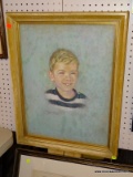 (LWALL) FRAMED CHILD PORTRAIT; DEPICTS A PORTRAIT OF A YOUNG BLONDE HAIRED BOY ON A BLUE BACKGROUND.