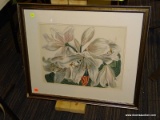 (LWALL) FRAMED FLORAL PRINT; DEPICTS A CLOSE UP ON WHITE COLORED FLOWERS. DOUBLE MATTED IN CREAM AND