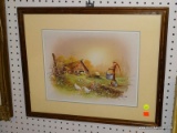 (LWALL) ANDRES ORPINAS PRINT; DEPICTS A FARM SCENE WITH A WELL PUMP AND DUCKS IN THE FOREGROUND AND