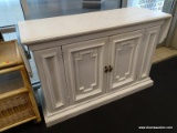 (R1) DROP LEAF SIDEBOARD; WHITE PAINTED, DROP LEAF SIDEBOARD WITH 2 CABINET DOORS OPENEING TO REVEAL