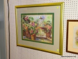 (LWALL) FRAMED STILL LIFE; STILL LIFE PRINT DEPICTS 4 FLOWER POTS AND A BIRD CAGE SITTING ON A