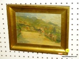 (LWALL) ANTIQUE PAINTING ON BOARD; 1912 OIL PAINTING ON BOARD DEPICTS A COUNTRYSIDE VILLAGE SCENE.
