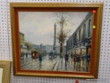 (LWALL) J. GASTON OIL ON CANVAS; DEPICTS A CITY CITY DURING A RAINY DAY. SITS IN A RED VELVET AND