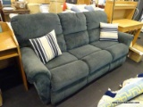 (R2) RECLING SOFA; 3-CUSHION, RECLINING SOFA WITH A GREENISH BLUE AND BLACK UPHOLSTERY. THE LEFT AND