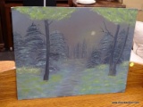 (R2) OIL PAINTING ON CANVAS; DEPICTS A NIGHT TIME FOREST SCENE WITH THE MOON IN THE BACKGROUND.