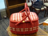 (R2) SEWING BASKET WITH CONTENTS; RED WICKER SEWING BASKET WITH SEWING CONTENTS TO INCLUDE NEEDLES,