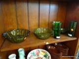 (R2) LOT OF GREEN GLASS DISHES; 6 PIECE LOT TO INCLUDE A SALAD BOWL, A LATICE PATTERN BOWL, [2] 6.5