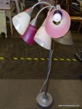 (R2) MULTI-HEAD FLOOR LAMP; 5-LAMP FLOOR LAMP WITH ADJUSTABLE HEADS AND PLASTIC SHADES.