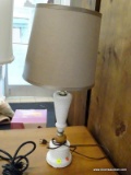 (R2) MILK GLASS TABLE LAMP; HOBNAIL DETAILED, MILK GLASS TABLE LAMP. COMES WITH A CREAM DRUM SHADE.