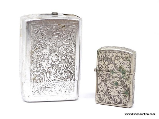UNIQUE EMBOSSED CIGARETTE CASE & ZIPPO LIGHTER. THE CASE IS 2 PIECES WITH A SLIDE OPENING AT THE TOP