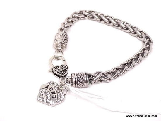 STAINLESS STEEL BRACELET WITH CZ SET HEART SHAPED "AUNT" CHARM. MEASURES APPROX. 8-1/2" LONG.