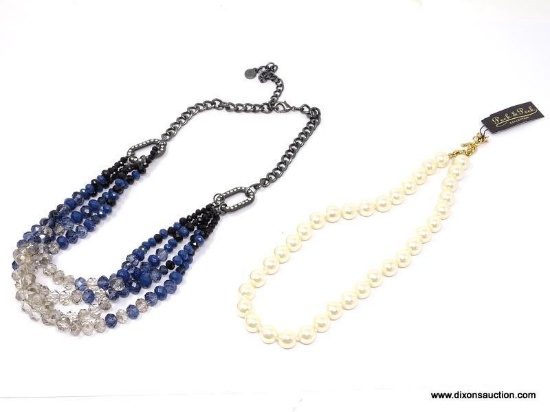 2 PC. DESIGNER NECKLACE LOT TO INCLUDE A SILVER TONED TRIPLE STRAND BLUE & CLEAR CRYSTAL NECKLACE &