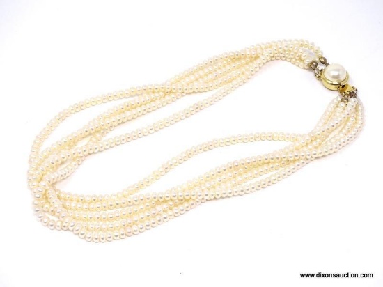 FAUX PEARL NECKLACE - FOUR STRAND NECKLACE WITH GOLD VERMEIL OVER SILVER CLASP. MEASURES APPROX. 16"