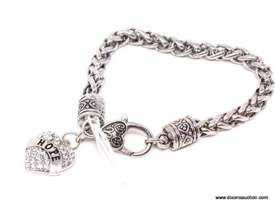 STAINLESS STEEL BRACELET WITH CZ SET HEART SHAPED "HOPE" CHARM. MEASURES APPROX. 8-1/2" LONG.