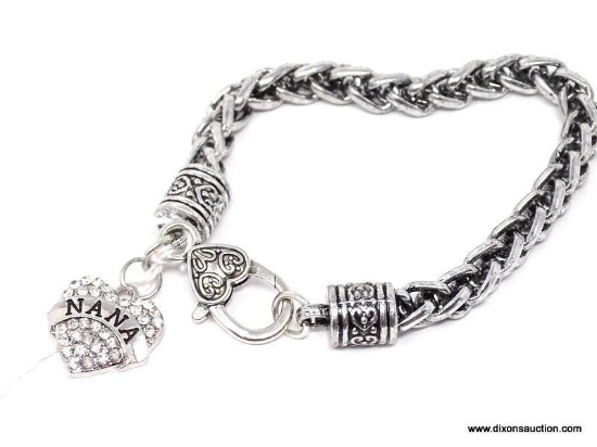 STAINLESS STEEL BRACELET WITH CZ SET HEART SHAPED "NANA" CHARM. MEASURES APPROX. 8-1/2" LONG.