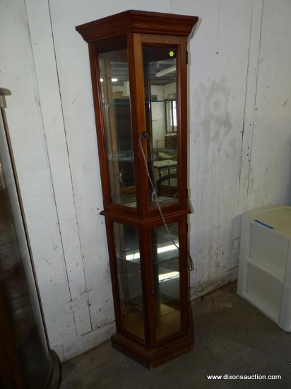 (GARAGE) DISPLAY CABINET; CHERRY 2 DOOR DISPLAY CABINET WITH SIDELIGHTS, MIRRORED BACK AND INTERIOR