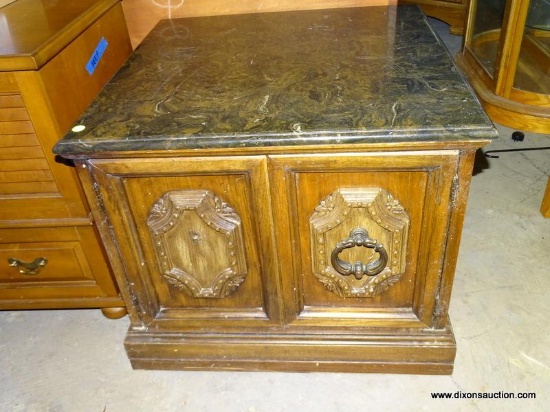 (GARAGE) END TABLE; OAK GRAINED, MARBLE TOP END TABLE WITH FAUX WOOD DOOR- 26 IN X 26 IN X 22 IN