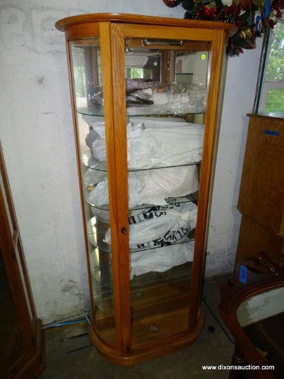 (GARAGE) CHINA CABINET; OAK BOW SIDE CHINA CABINET, GLASS FRONT DOOR AND 2 BOW GLASS SIDES, LIGHT UP