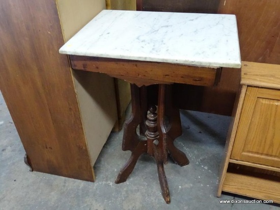 (GARAGE) ANTIQUE TABLE; ANTIQUE MARBLE TOP TABLE- POPLAR STAINED WALNUT- WITH CENTER FINIAL- 22 IN X