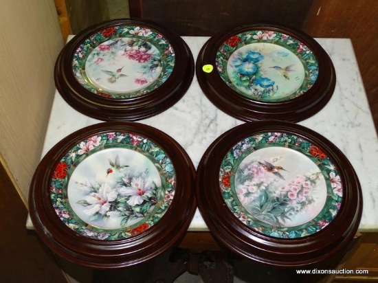 (GARAGE) COLLECTOR PLATES; 4 CHERRY FRAMED COLLECTOR PLATES FROM THE LINA LIN'S HUMMINGBIRD SERIES