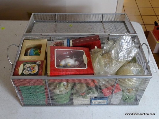 (LR) CHRISTMAS LOT; MESSED WIRE BOX FULL OF CHRISTMAS DECORATIONS, HALLMARK ORNAMENTS, VOTIVE