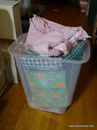 (LR) TABLECLOTHS; CONTAINER OF BRAND NEW CLOTH TABLECLOTHS- 15 TOTAL